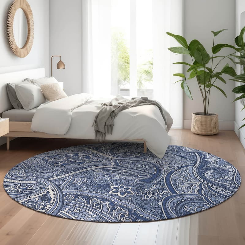 Premium Washable Super Soft Traditional Paisley Mayfield Rug - Navy - 8' x 8' - Round