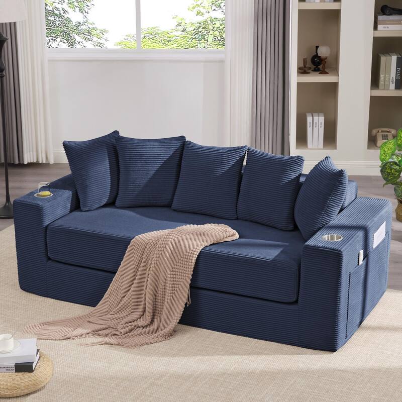 2-in-1 Convertible Sleeper Sofa, Floor Folding Couch, Sofa Bed with Side Pocket, Pull Out Loveseat with Cup Holders