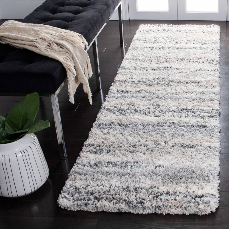 SAFAVIEH Fontana Shag Mevlide Modern Stripe 2-inch Thick Rug - 2'3" x 12' Runner - Ivory/Grey