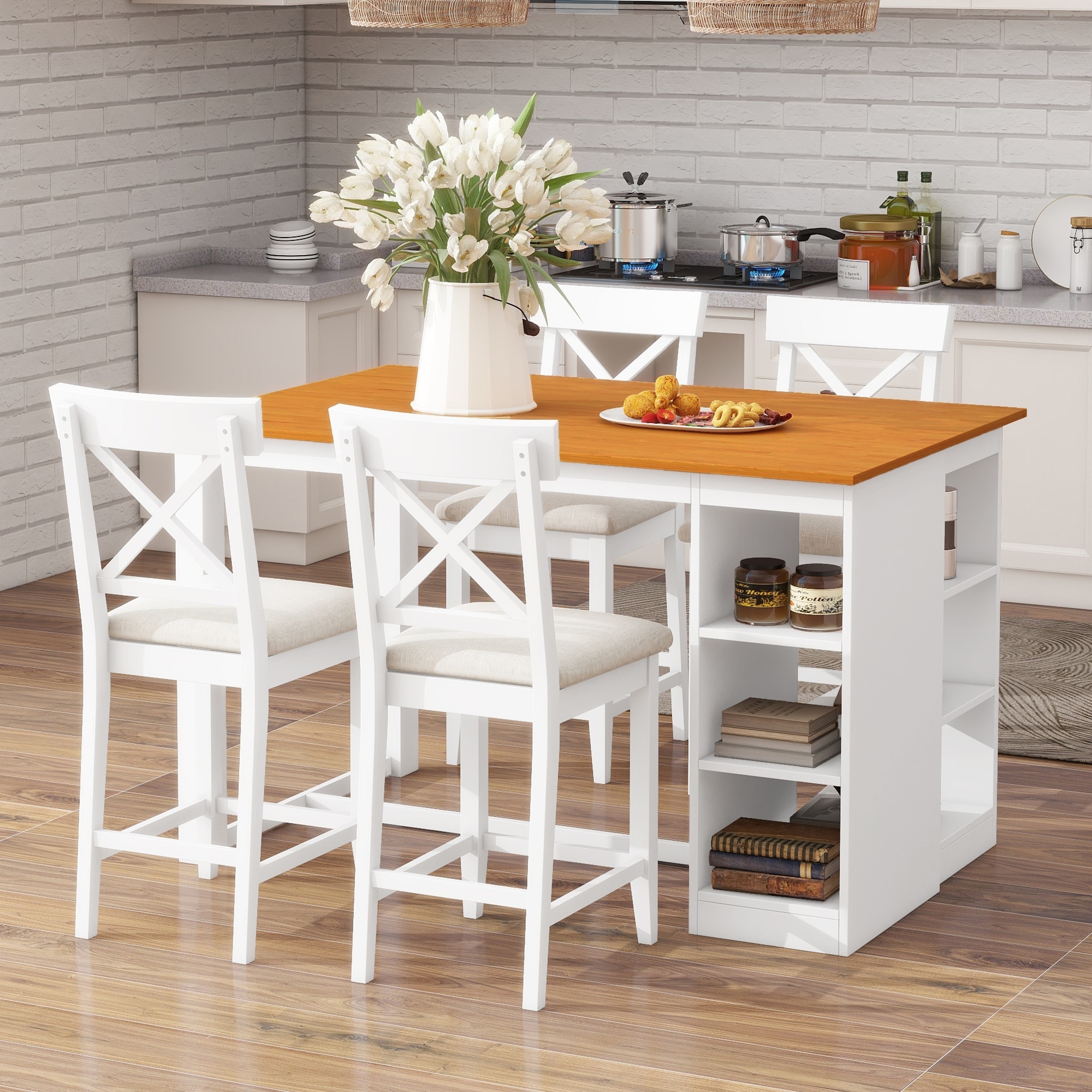 5-Piece 60"L×30"W Farmhouse Counter Height Dining Set, 3-Tier Storage Shelves & 4 Upholstered Chairs
