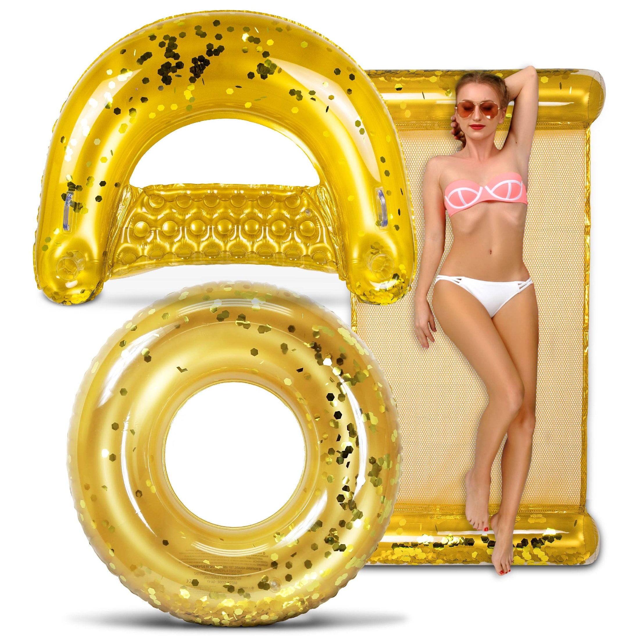 POZA Gold Inflatable Pool Floats Seating Bundle with Confetti - 3 Pack - ‎56 x 30 x 5 inches