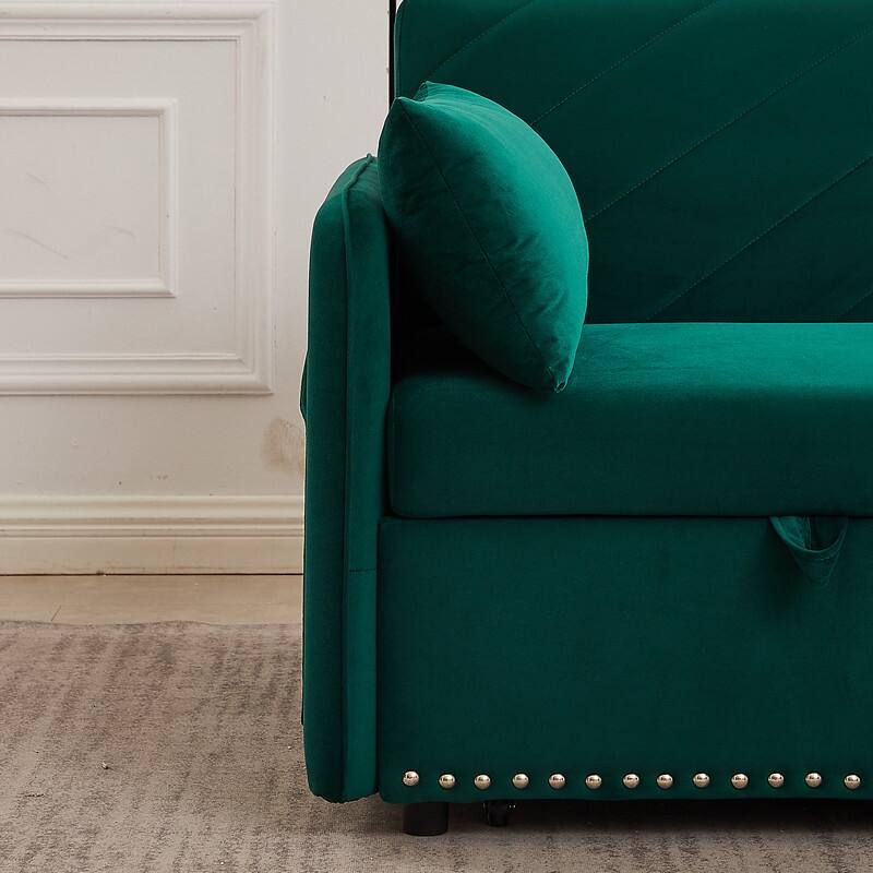 Modern Velvet Upholstered Sleeper Sofa with Pull-out Bed, UPS Ports,2 Lumbar Pillows and Side Pocket