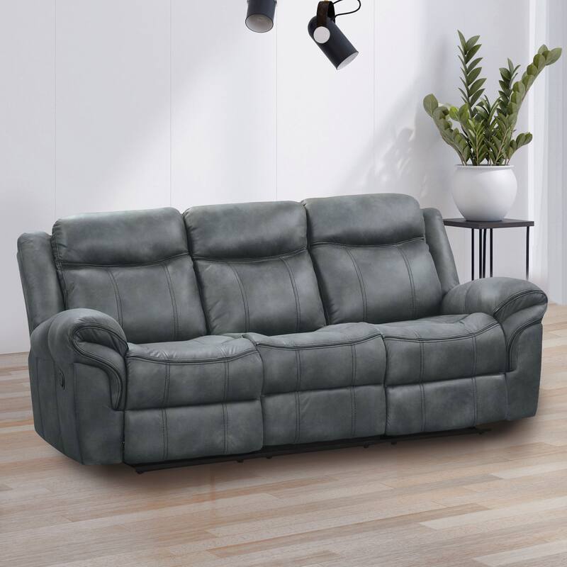 Verne Modern Brown Leather Manual Reclining Sofa with Flip Down Cup Holders - Dark Grey