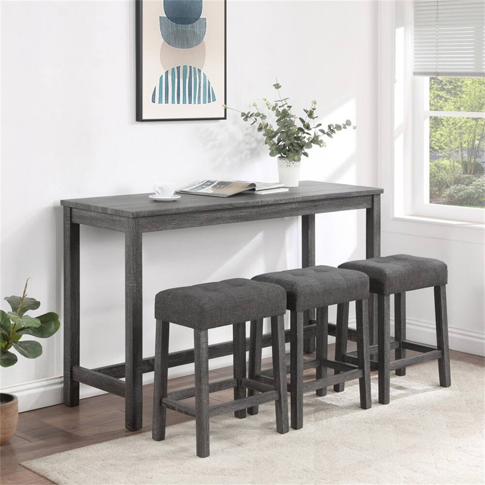 4 Piece Counter Height 36" Pub Table Set with Tufted Gray Linen Stools