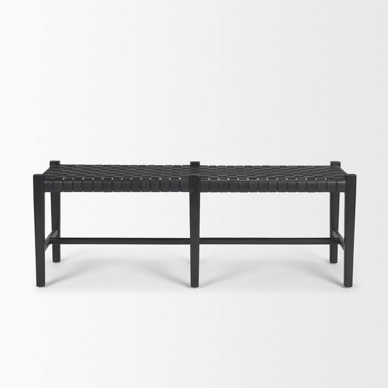 Shane Black Wood w/ Woven Black Leather Bench - 52.0L x 16.5W x 18.8H