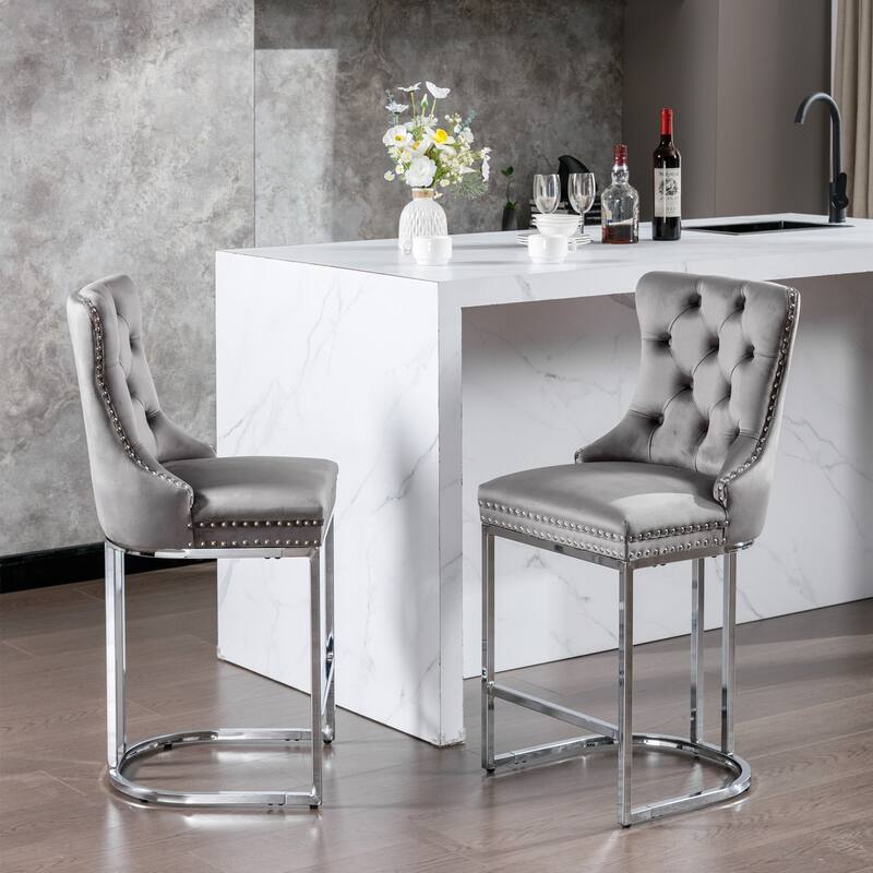 Counter Height Bar Stools Set of 2 Velvet Upholstered Barstools with Decoration Chrome Nailhead Trim Leisure Bar Stools