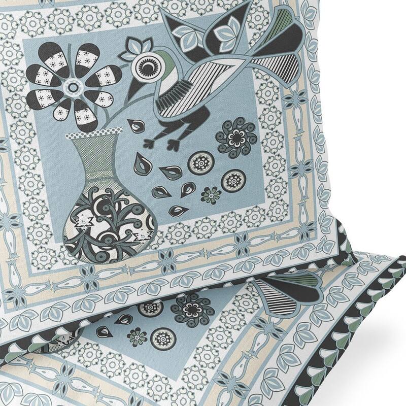 HomeRoots Set of Two 16" X 16" Blue and Black Peacock Blown Seam Floral Indoor Outdoor Throw Pillow - 16.00' X '16.00' X '5.00