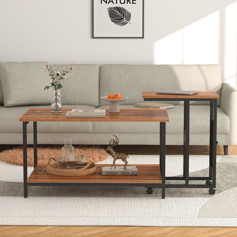 VECELO Coffee Table Set of 2 Coffee Tables and Side Table Set with Charging Station C Shaped End Table with Wheels - Brown