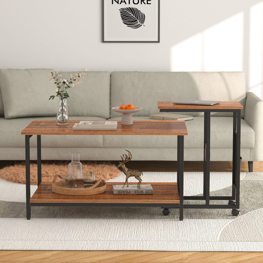 VECELO Coffee Table Set of 2 Coffee Tables and Side Table Set with Charging Station C Shaped End Table with Wheels