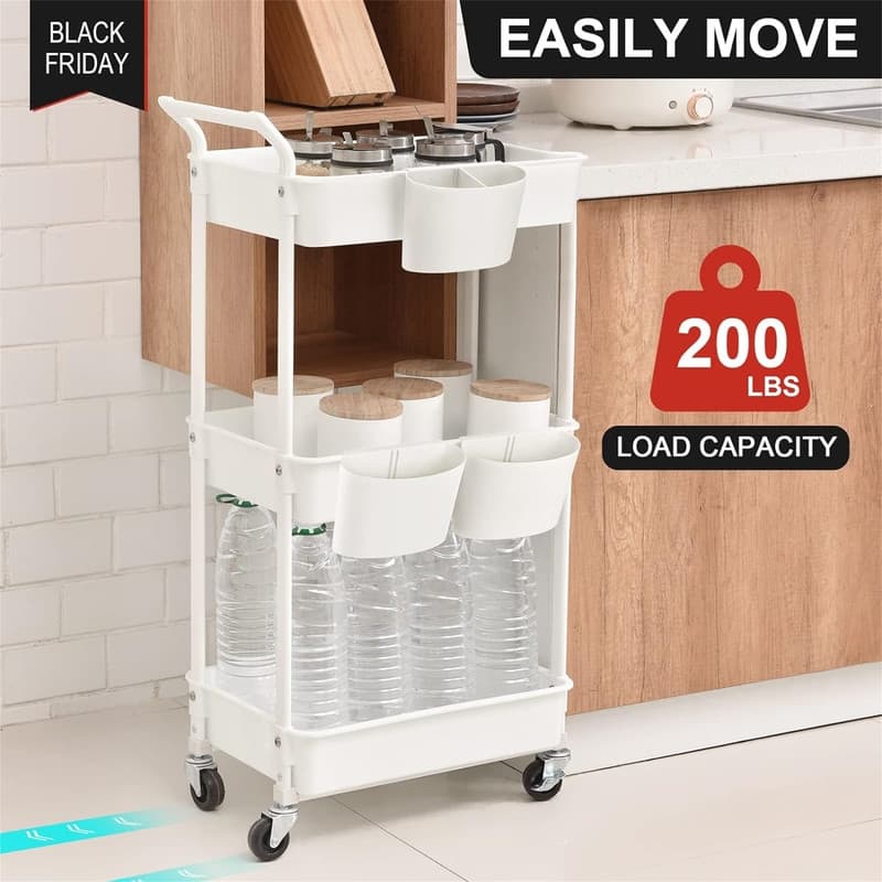 3-Tier Utility Rolling Cart - 15.5"D x 11.5"W x 33"H