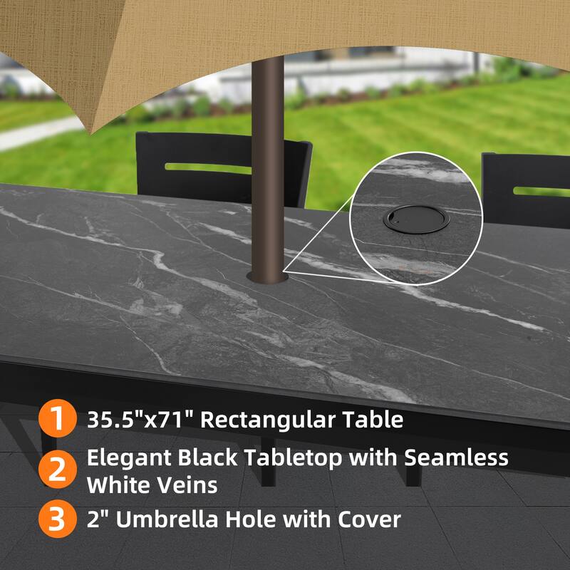 7-Piece Outdoor Patio Aluminum Dining Set with Marble-pattern Tabletop, 2 Swivel Rocker & 4 Armchairs, Umbrella Hole