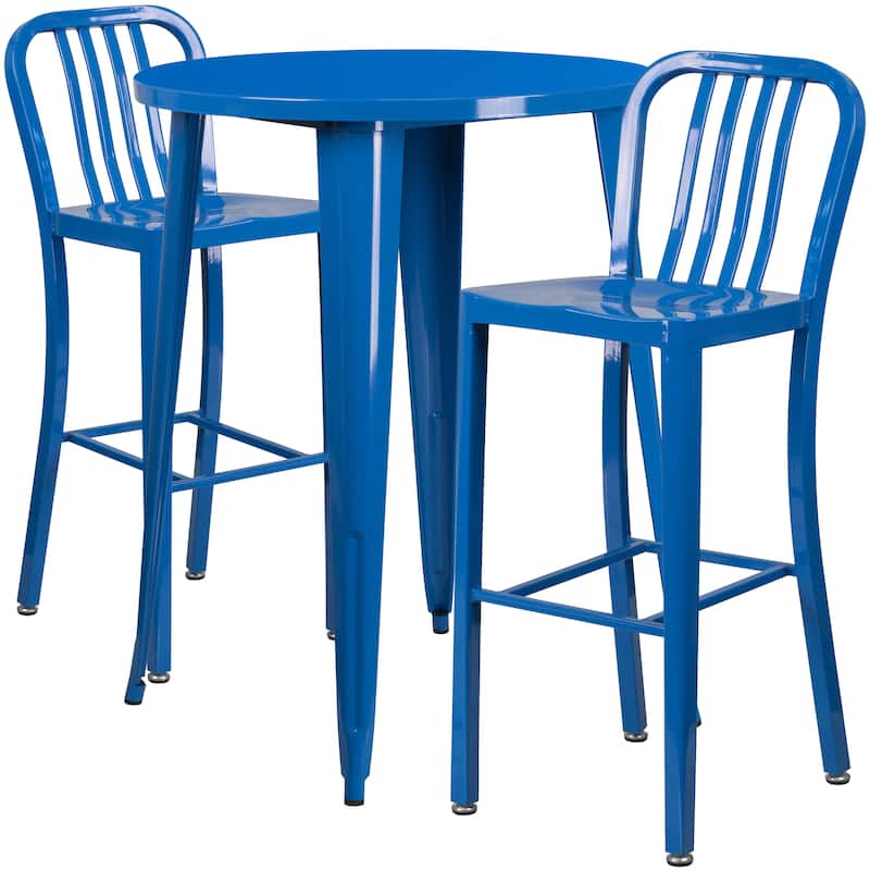 30'' Round Metal Indoor-Outdoor Bar Table Set with 2 Vertical Slat Back Stools - 30"W x 30"D x 41"H