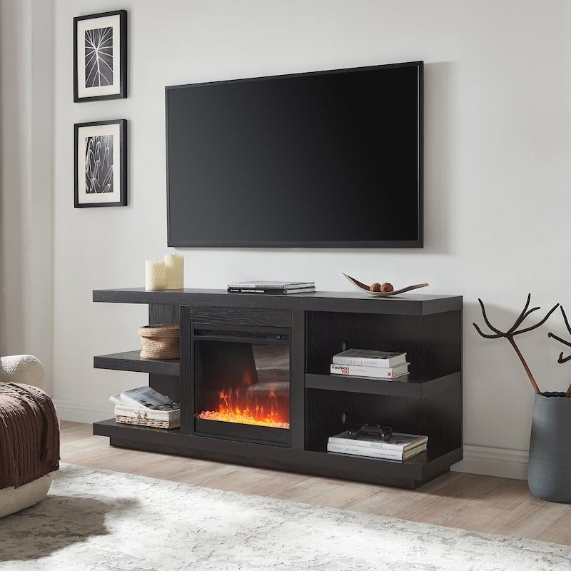 Maya Rectangular TV Stand with Crystal Fireplace for TV's up to 65" - Black Grain