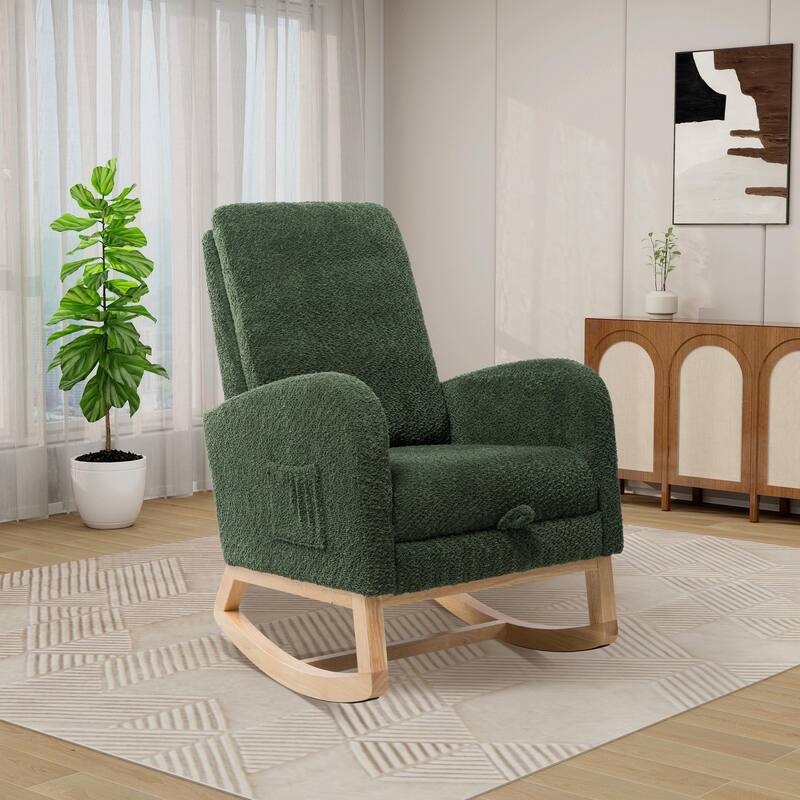 Nursery Rocking Chair, High Back Glider with Retractable Footrest, Side Pocket, Rubberwood Legs for Living Room, Bedroom