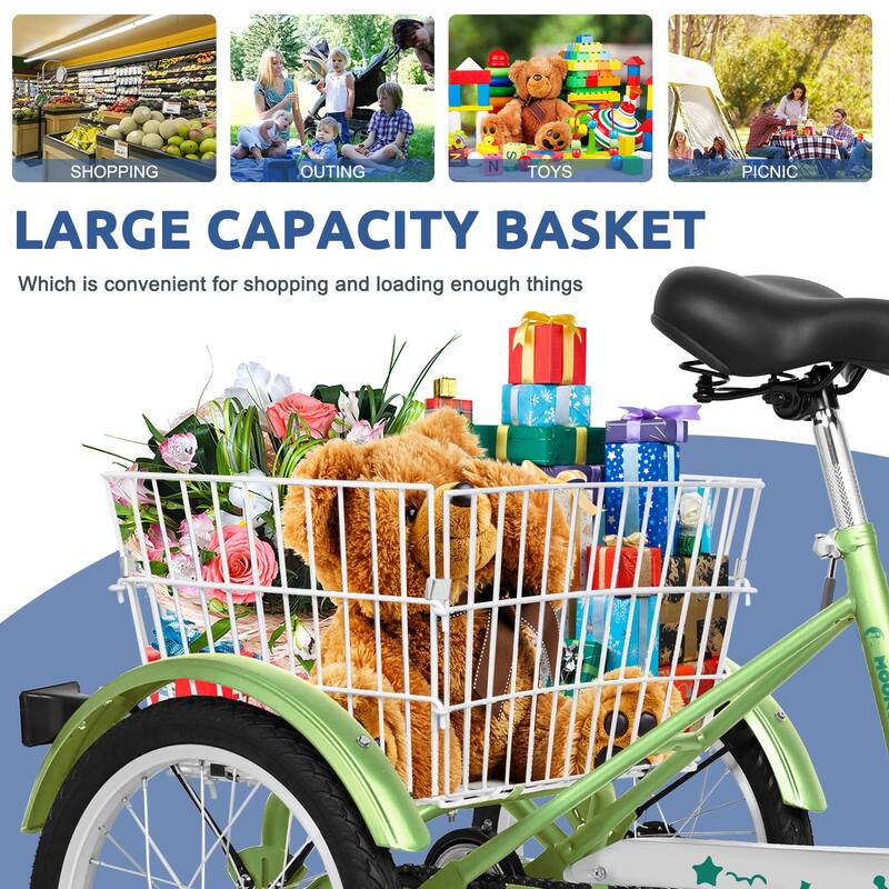 Docred 16" and 24" Tricycle 1-Speed 3 Wheel Trike Bike with Basket