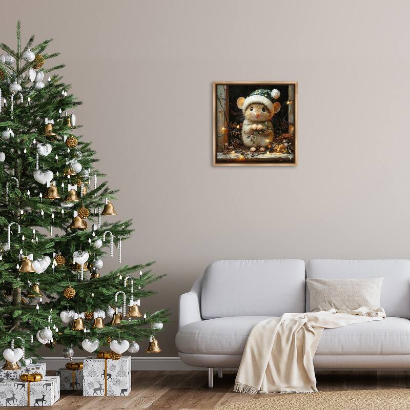 Stupell Barn Mouse with Christmas Lights Framed Floater Canvas Wall Art Design By Riley B