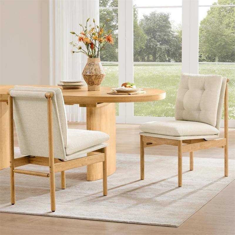 Spruce & Spring Mid-Century Modern Solid Wood Dining Chair with Tufted Cushion - Set of 2 - Linen