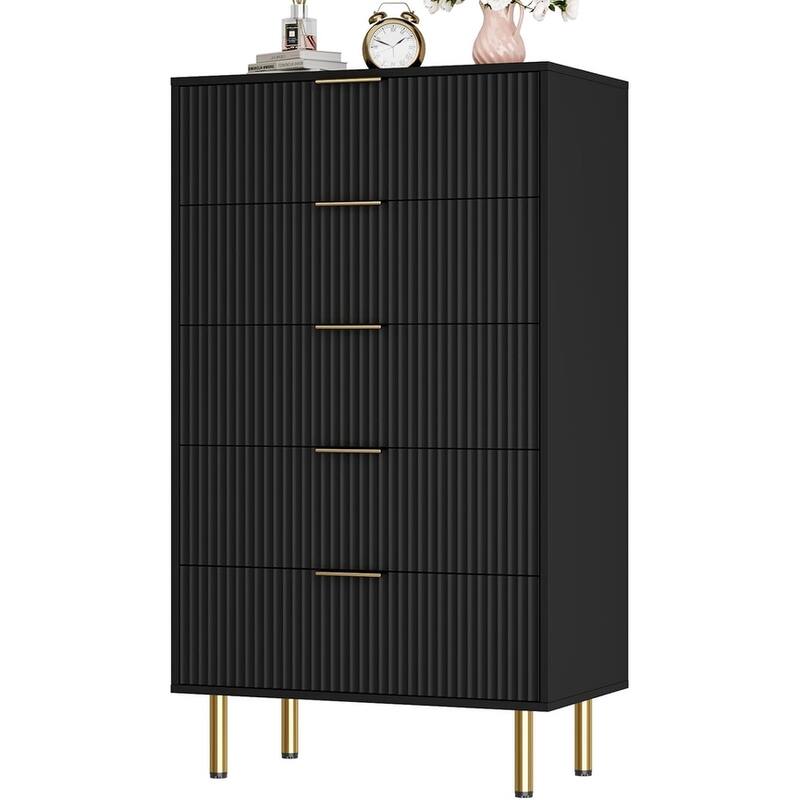 Fluted 5 Drawer Dresser for Bedroom, Wooden Chest with Wide Drawers, Modern Storage Organizer for Closet, Hallway