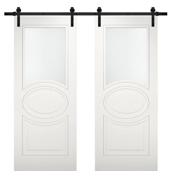 slide 2 of 5, Modern Double Barn Door with Opaque Glass / Mela 7012 Matte White / 13FT Rail Track Set / Solid Panel Interior Doors