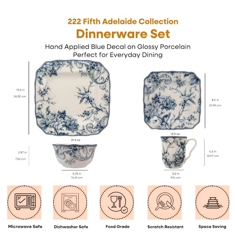 222 Fifth Adelaide 16-Piece Porcelain Dinnerware Set, Blue