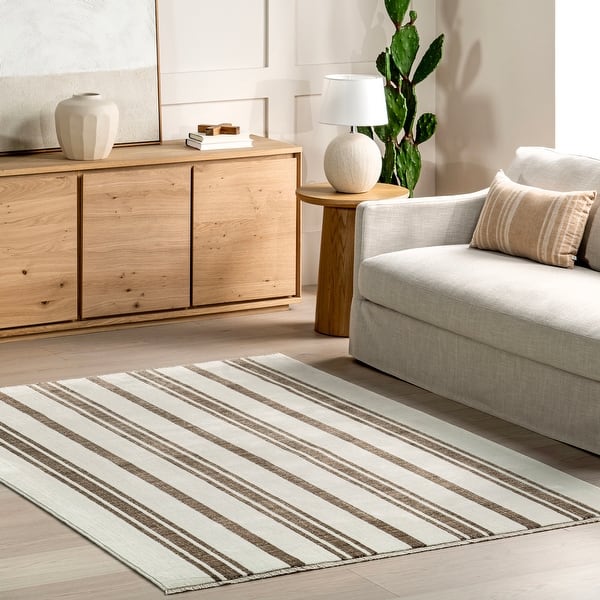 slide 2 of 18, Nuloom Salome Farmhouse Striped Fringe Area Rug 4' x 6'5" - Brown