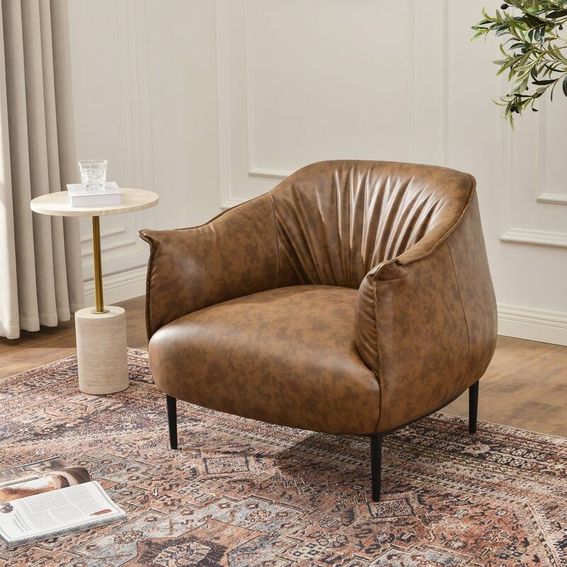 KINWELL 33" Wide Faux Vegan Leather Upholstery Barrel Accent Chair