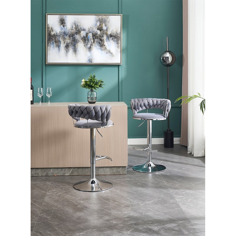 Set of 2 Adjustable Swivel Bar Stools, Grey Velvet with Chrome Footrest & Chrome Legs
