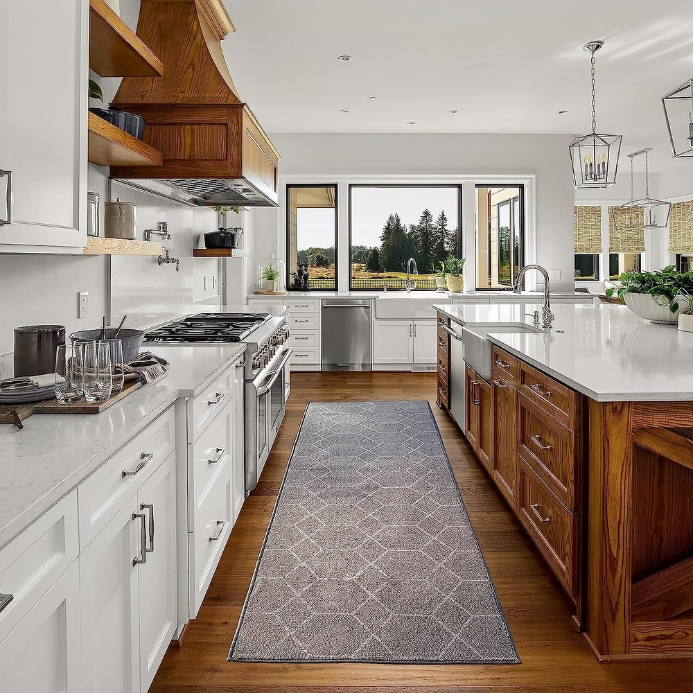 Custom Size Hexagon Design Brown,Gray,Red Color Non-Slip Rubber Backing-26 Inch WidexYour Choice of Length Runner Rug