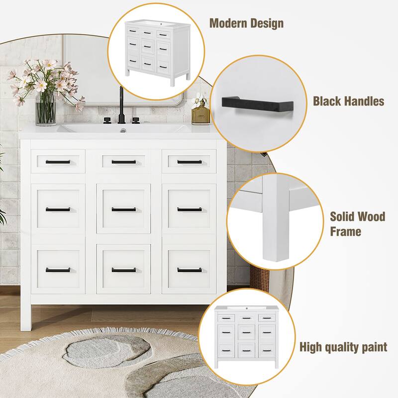 36" Bathroom Vanity Cabinet with Resin Sink, 4 Drawers, 2 Doors, Adjustable Shelves - Transitional Design