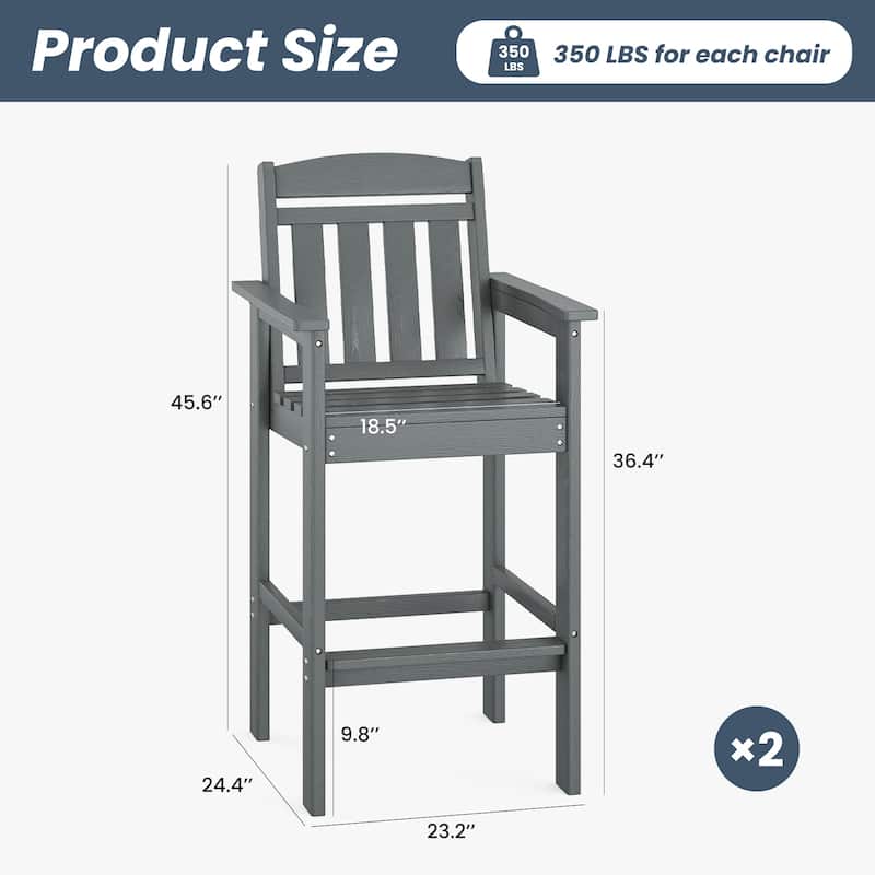 Set of 2 All-Weather HDPE Adirondack Bar Stools with Connecting Drink Tray, Tall Patio Bar Height Chairs for Poolside & Backyard