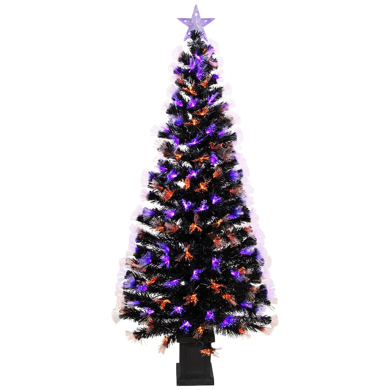 8-function Fiber Optic Artificial Pine Potted Halloween Tree - 6' - Black - Orange and Purple LED - 6-to-7-feet