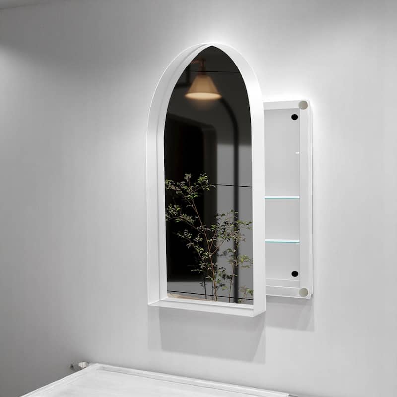 Arched Metal Framed Bathroom Mirror Cabinet, 24x36 Inch Wall Mounted or Recessed Medicine Cabinet with Storage