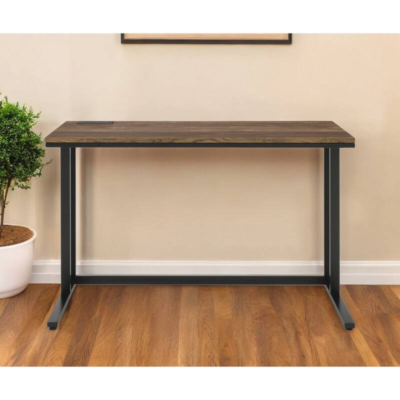 Wood Rectangular Writing Desk with USB Port, Metal Base
