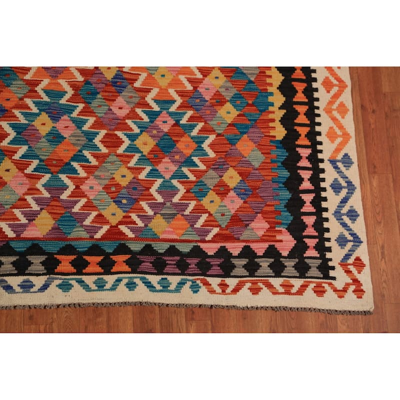 Geometric Kilim Oriental Area Rug Hand-Woven Tribal Orange Wool Carpet - 10'1"x 12'11"