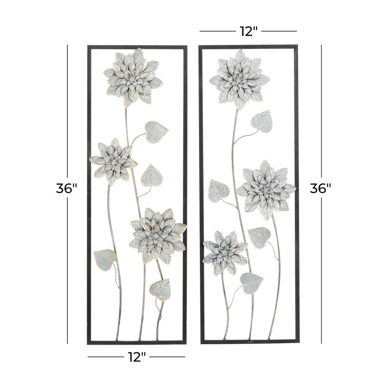 Gray Metal Floral Home Wall Decor with Black Frame (Set of 2)