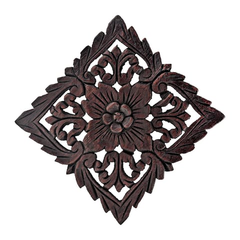 Handmade Tropical Forest Inspired Hand Carved Teak Wood Floral Wall Art (Thailand) - Brown