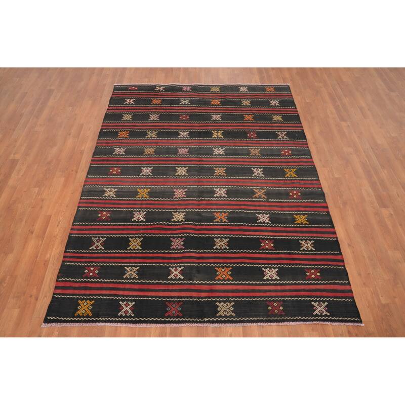 Hand Woven Oriental 100% Wool Carpet Southwestern Tribal Black Kilim Area Rug - 7' 9'' X 5' 11''