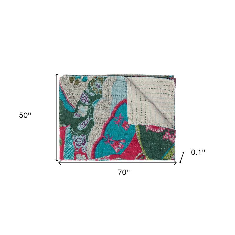 HomeRoots 50" X 70" Green and Pink Kantha Cotton Abstract Throw Blanket with Embroidery