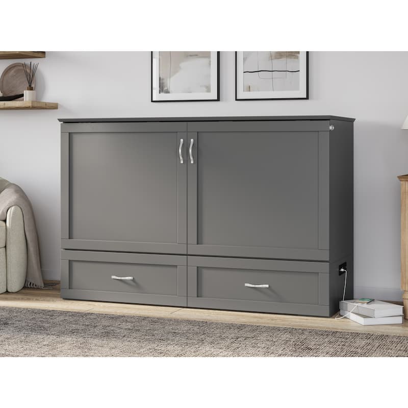 Queen Murphy Bed Chest Solid Wood with Mattress & USB Charging Station - Space Saving Furniture