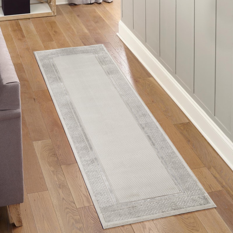 Omari Collection Grey/Cream Geometric Traditional Area Rug - 8' Runner