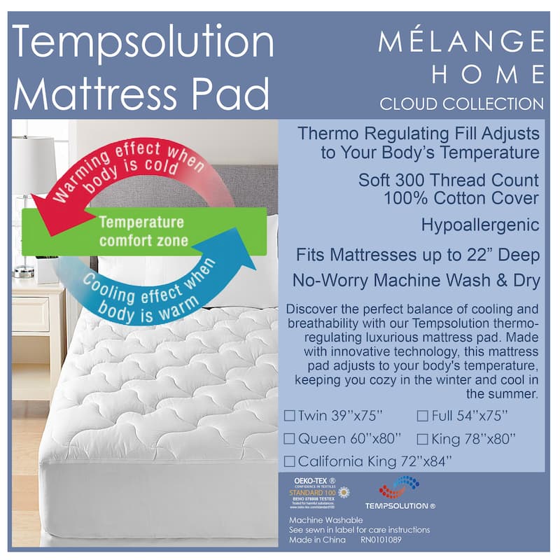 Sweat Dreamer Cloud Collection Tempsolution Mattress Pad Body Temperature & Mosie Control