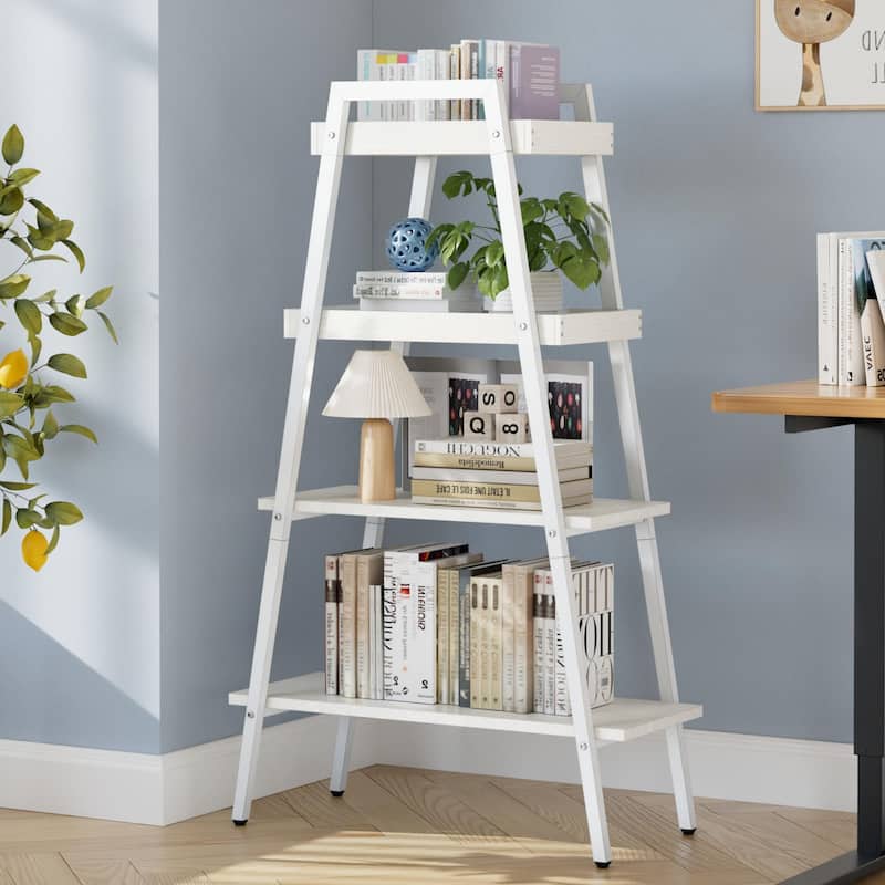VECELO Modern 4-Tier Corner Ladder Bookshelf Metal & Waterproof MDF Shelves for Living Room Kitchen & Bathroom Corner Bookcase - White