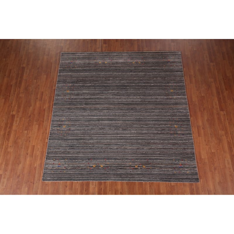 Striped Tribal Gabbeh Indian Square Area Rug Hand-Knotted Wool Carpet - 7'7"x 8'0"