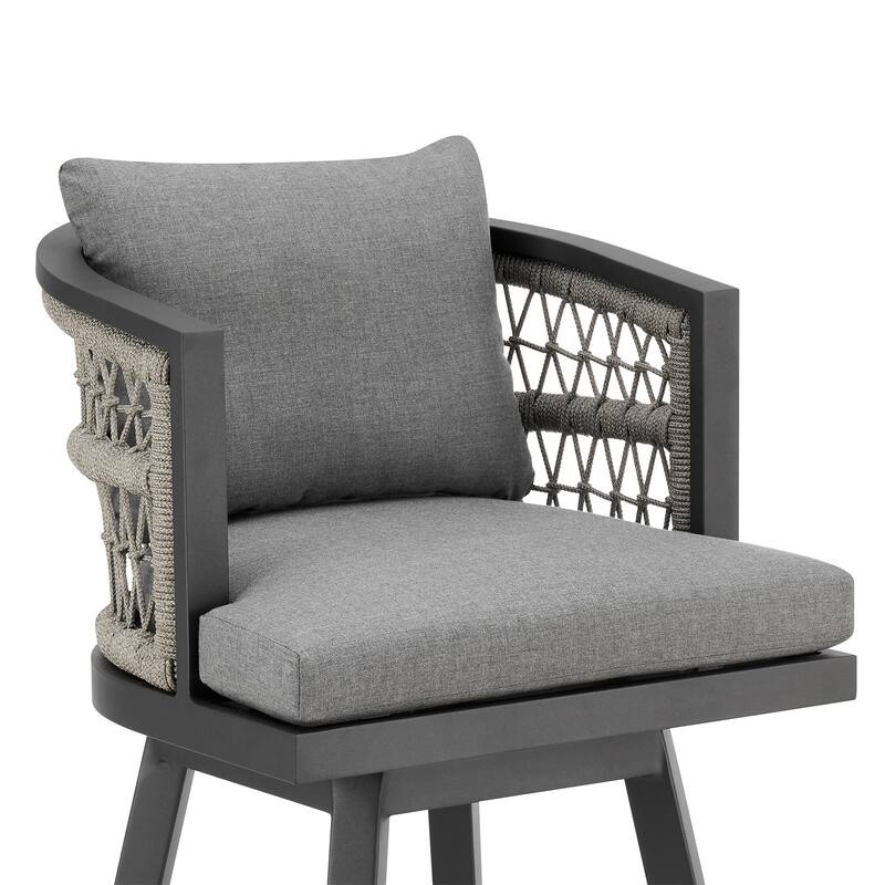 Hosa 30 Inch Outdoor Swivel Barstool Chair, Gray Aluminum, Woven Rope