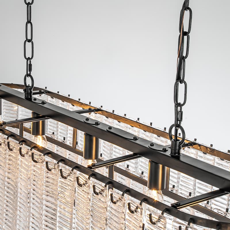 5-Light 39'' Matte Black Rectangle Elegant Ribbed Glass Chandelier Vintage Art Glass Pendant Light For Dining Room - W39''