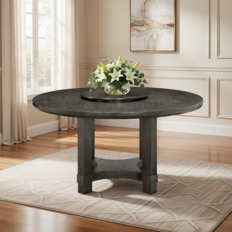 Jefy Dining Table, 60 Inch Round Top with Lazy Suzan, Espresso Brown Wood - Espresso Brown