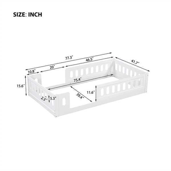 dimension image slide 1 of 2, Twin Size Floor Platform Bed with Fence Guardrail, Solid Wood Montessori Bed Kids Bed Frame Low Grounded Bed for Toddlers