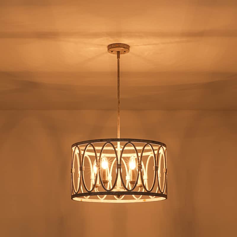 5-Light Industrial Antique White Geometric Drum Chandelier for Dining Room - 19.6 in. W x 11 in. H