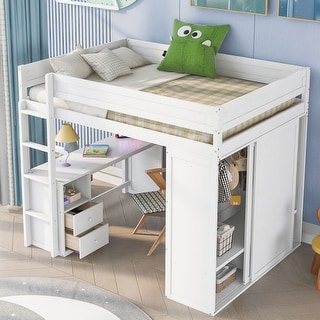 Full Size Loft Bed with Wardrobe, Desk, and Storage Drawers, Space-Saving Design