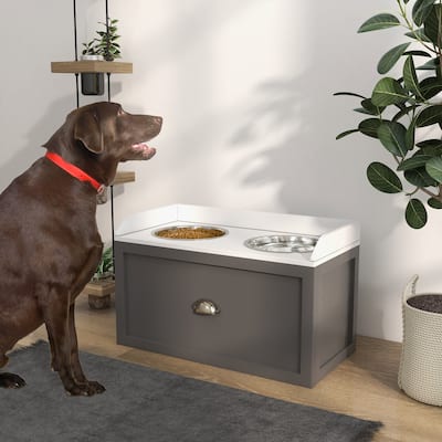 Elevated Dog Feeder Stand for Large Dogs with Storage Drawer and 2 Stainless Steel Bowls - 23.5" W x 11.75"D x 14.25" H